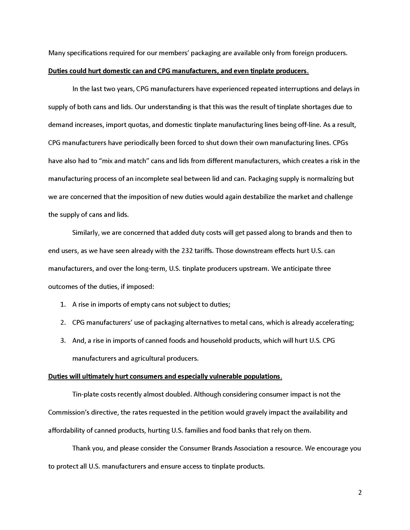 Second page of Consumer Brands' Tin Mill product petition testimony.