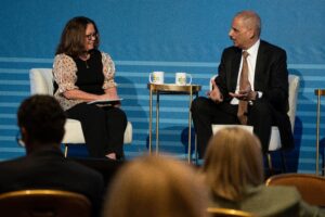 Stacy Papadopoulos, General Counsel and Senior Vice President, Operations and Initiatives of Consumer Brands, speaks with former U.S. Attorney General Eric Holder at the CPG Legal Forum in Scottsdale, Arizona.