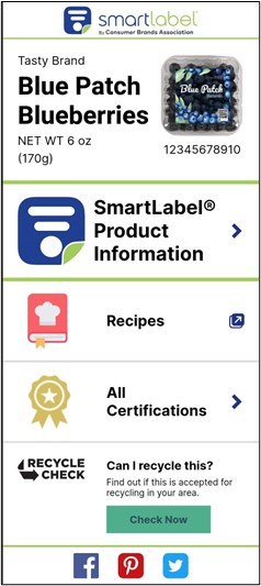 A screenshot of a SmartLabel listing showing Blue Patch Blueberries.