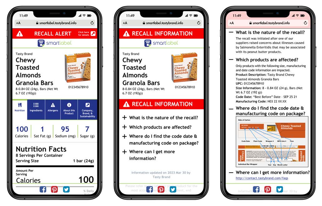 Three smartphones display the different pages of SmartLabel's product recall alert system: the first device shows the product and its nutritional information, the second device displays the product and a drop down list of recall information and the third device shows the expanded recall information. 