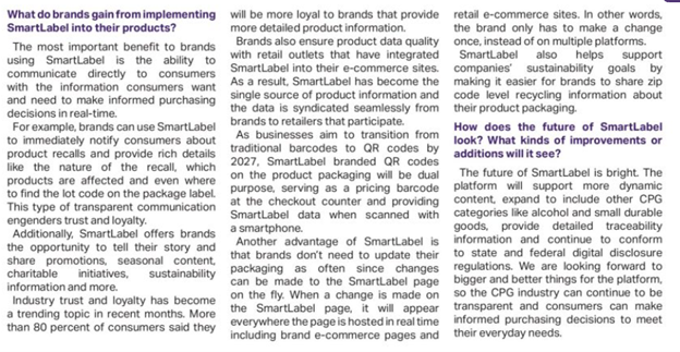 A screenshot of part of the SmartLabel Q&A that ran in USA Today. Bolded purple text denotes the questions and the regular black font is what Rishi Banerjee said. 