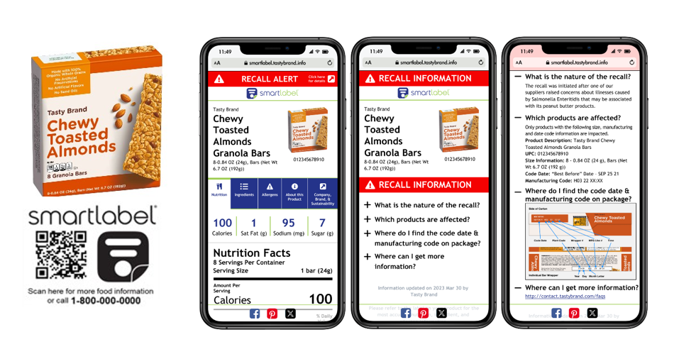 On the left hand side, you can see an image of a sample box of Tasty Brand Chew Toasted Almonds that could theoretically be in the SmartLabel program if it were a real brand. It is positioned over a sample SmartLabel QR code and the SmartLabel logo. To the center and right of the image are three sample screens you will see within SmartLabel that offer different information included in a recall alert.